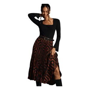 Anthropologie Valerie Pleated Midi Skirt Black Brown Motif Geometric Print XL